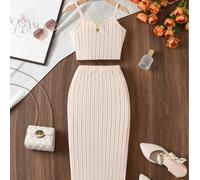 Ensemble tricoté à épaules dénudées de couleur unie élégant, Top sans bretelles assorti à un bas jambe droite, convenant aux préadolescentes. Mélange de polyester pour un style décontracté. Modèle san