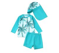 Ensemble Trois Pièces Bébé Garçon Imprimé Tropical avec Rash Guard Short et Chapeau pour 0-3 Ans Été 2026(Sky Blue, 2-3 Years)