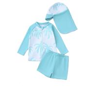 Ensemble Trois Pièces Bébé Garçon Imprimé Tropical avec Rash Guard Short et Chapeau pour 0-3 Ans Été 2026(Light Blue, 2-3 Years)