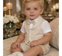 Ensemble trois pièces blanc élégant et mignon pour bébé garçon, idéal pour le printemps/été. Il comprend une chemise blanche à manches courtes, un gilet blanc et un short blanc. Parfait pour les fêtes