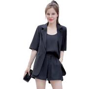 Ensemble trois pièces décontracté de couleur unie en polyester et élasthanne pour femme, tenue 3 blazers, tenue à manches courtes, débardeur sans manches ouvert sur le devant