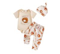 Ensemble Trois pièces garçon avec Barboteuse Baseball Manches Courtes Pantalon Long et Casquette idéal Jeux été Confortable (Beige, 3-6 Months)