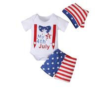 Ensemble Trois pièces garçon Barboteuse Short Chapeau Manches Courtes imprimé Lettres fête Nationale été (White, 12-18 Months)