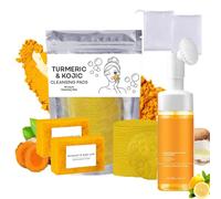 Ensemble Trois Pièces pour Lavage et Soins au Curcuma, Nettoyant Facial Avec Brosse, Tampons Gommants pour le Visage, Pain de Savon, Filet Moussant pour Savon, Ensemble de Nettoyage en Profondeur