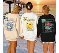 Ensemble trois pièces, sweat-shirt ras du cou oversize de couleur unie Curve, imprimé motif Pokémon/Pikachu/Squirtle/dessin animé, haut à manches longues en coton, sweat à capuche confortable à épaule