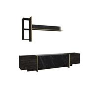 Ensemble TV avec rangements - Effet marbre noir, naturel foncé et doré - CADEBA II