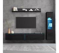 Ensemble TV moderne 3 pièces en fourrure noire avec éclairage LED - Comprend un meuble TV et une étagère flottante pour téléviseurs jusqu'à 203,2 cm - Décoration élégante de salon