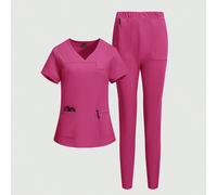 Ensemble uniforme composé d'un t-shirt à col en V minimaliste avec deux poches et d'un pantalon décontracté de couleur unie L,M,S,XL,XS,XXL,XXSAnimal,CartoonTissu tricoté