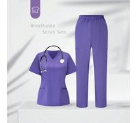 Ensemble uniforme composé d'un Top à manches courtes de couleur unie col en V et d'un pantalon casual, ensemble de blouse L,M,S,XLUnicoloreTissu tissé