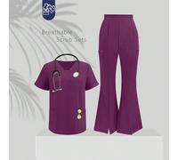 Ensemble uniforme de travail avec Top à manches courtes col en V de couleur unie et pantalon fendu long, tenue d'infirmière en laboratoire. Ensemble de vêtements de travail pour vétérinaire avec poche