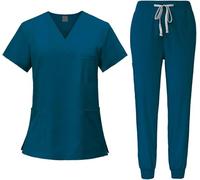 Ensemble uniforme médical pour femme - Haut et pantalon - Col en V - Confortable - Avec poches - Vêtements de travail pour infirmière et centre de beauté, bleu, S