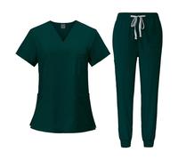 Ensemble uniforme médical pour femme - Haut et pantalon - Col en V - Confortable - Avec poches - Vêtements de travail pour infirmière et centre de beauté, vert foncé, S