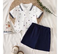 Ensemble unisexe pour bébé garçon d'été, chemise à manches courtes imprimé denim + short bermuda, style extérieur 6-9M,9-12M,12-18M,18-24M,2-3YgraphiquePolyester