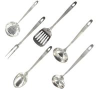 Fackelmann 9990650 Ensemble d'ustensiles de cuisine 6 pièces, écumoire, fourchette, pelle à servir, cuillères, louche, Acier inoxydable, De 28 à 32 cm