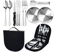 Ensemble vaisselle camping 10 pièces pour 2 personnes, acier inoxydable alimentaire avec assiette modèle argenté