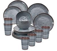 Ensemble vaisselle mélamine 6 personnes aspect faïence gris 24 assiettes