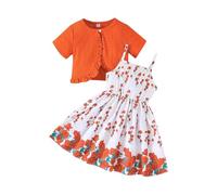 Ensemble Veste Courte d'été en Jacquard et Robe Bustier à imprimé Rose pour Fille, Tenue Deux pièces Mignonne pour Tout-Petit Combi Fille (Orange, 5-6 Years)