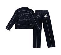 Ensemble Veste et Pantalon en Jean Homme et Femme, Veste en Jean Homme avec Motif Etoile, Pantalon Jeans Large Taille Haute Coupe Droite Jambes Larges Baggy y2k streewear Tenue 2 Pieces