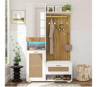 Ensemble vestiaire Merax 110×190 cm avec miroir, LED 16 couleurs, banc, 5 crochets, armoire à chaussures, aspect rotin, blanc et bois avec accents dorés