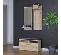 Ensemble vestiaire moderne Harmony Commode d'entrée avec porte abattante Armoire à chaussures avec siège 3 patères Miroir 6 compartiments, couleur : Sonoma
