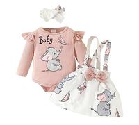 ensemble vetement bebe fille 0 18 mois éléphant dessin animé body bebe fille naissance manche longue volants cotele automne + robe jupe salopette bretelle noeud papillon + bandeau (Red, 0-3 mois)