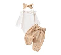 Ensemble Vetement Bebe Fille 0 24 Mois Automne Fleur Body Bebe Fille Manche Longue Volants uni Combinaison Doux + Pantalon avec Ceinture + Bandeau Tenue kit Bebe Naissance (White, 6-12 Mois)