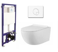 Ensemble WC complet sans bride - Siège Soft Close - Élément de pré-mur - Réservoir de chasse d'eau encastré - Réservoir de pré-mur - Céramique - Ensemble WC mural - Cuvette blanc/noir + plaque de