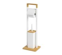 Relaxdays Ensemble WC en Bambou/INOX, Porte-Rouleau sur Pied, Brosse, 76,5x28x18 cm, Hygiénique, Blanc