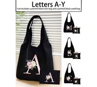 Ensemble Y2K, comprenant 1 sac fourre-tout noir imprimé et 1 pochette noire, convenant comme cadeau de demoiselle d'honneur personnalisé, sac à cosmétiques, sac de rangement minimaliste, portefeuille 