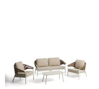 Ensemble Zuara comprenant un canapé 3 places, 2 fauteuils et une table d'extérieur en aluminium écru et corde synthétique marron.