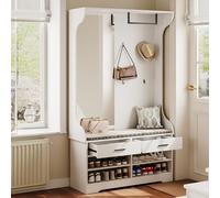 Ensembles 6 en 1 de Meuble d'entrée Vestiaire, avec Banc à Chaussures, 4 Crochets, 2 Tiroirs, Étagère Ouverte, Porte Manteau avec Miroir, Armoire d'entrée pour Couloir, Chambre 100x35x180 (Blanc-a, A)
