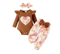 Ensembles bébé Fille 0 18 Mois Fleurie Automne Body Bebe Fille Naissance Manche Longue Volants côtes Coeur Pantalon Bandeau Noeud Papillon Tenue Vetement Bebe Fille Mode (Coffee, 0-3 Mois)