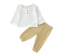 Ensembles bébé Fille 6 Mois a 4 Ans Gaze de Coton Tee Shirt Enfant Garcon Manche Longue uni Haut Top t-Shirts col Rond avec Bouton et Pantalon Tenue Vetement Bebe garçon Automne (White, 2-3 Years)