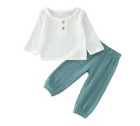Ensembles bébé Fille 6 Mois a 4 Ans Gaze de Coton Tee Shirt Enfant Garcon Manche Longue uni Haut Top t-Shirts col Rond avec Bouton et Pantalon Tenue Vetement Bebe garçon Automne (Blue, 2-3 Years)