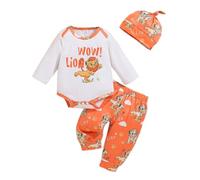Ensembles bébé garçon 0-18 Mois Lion imprimée Automne Vetement Bebe garçon Naissance Body Manche Longue Mignon Dessin animé Pantalon et Chapeau Tenue Printemps Lot de 3 Pieces (Orange, 0-3 Mois)