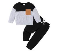 Ensembles bébé garçon 6 Mois a 3 Ans Bicolore Vetement Bebe garçon Automne Printemps Tee Shirt Manche Longue Haut Top t-Shirts col Rond avec Poche et Pantalon Survetement (Black, 6-9 Months)