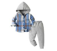 Ensembles bébé garçon 6 Mois a 6 Ans Mode Decontracte Automne Chemise Sweats à Capuche garçon Carreaux avec Boutons Poche et Pantalon Sport Tenue Vetement Bebe garçon Printemps (Light Blue, 3-4 Ans)