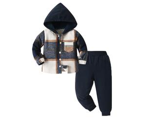 Ensembles bébé garçon 6 Mois a 6 Ans Mode Decontracte Automne Chemise Sweats à Capuche garçon Carreaux avec Boutons Poche et Pantalon Sport Tenue Vetement Bebe garçon Printemps (Blue, 5-6 Ans)