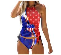 Ensembles Bikini Ensemble de Maillot de Bain Fendu pour Femmes Tenue Plage imprimée indépendante avec Haut à Volants et Bas Haute (Red, XL)
