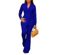 Ensembles Business Casual Pour Femmes 2 Pièces Tunique À Col V Et Manches Longues, Blazer Et Pantalon Long Tenue De Travail Tendance(Blue,3XL)