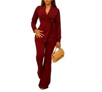Ensembles Business Casual Pour Femmes 2 Pièces Tunique À Col V Et Manches Longues, Blazer Et Pantalon Long Tenue De Travail Tendance(Burgundy,XX-Large)