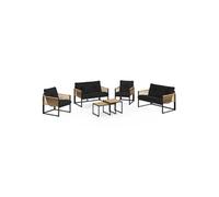 IDMarket Salon de jardin bas RIO 6 places - métal noir, cordage effet rotin clair, coussins noirs
