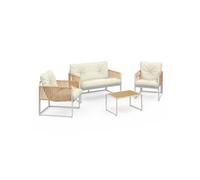 IDMarket – Salon de jardin Rio 4 places, structure métal blanc, cordage rotin clair, coussins beiges