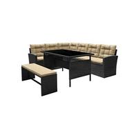 Concept Usine – Salon de jardin d'angle Moorea 8p Résine tressée Noir coussins beiges table verre