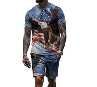 Ensembles Courts pour Hommes Tenues 2 pièces Aigle à tête Blanche et Drapeau américain Imprimé T-Shirt à Manches Courtes et Shorts Ensemble 4 Juillet Tenues Survêtements d’été