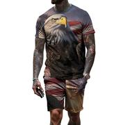 Ensembles Courts pour Hommes Tenues 2 pièces Aigle à tête Blanche et Drapeau américain Imprimé T-Shirt à Manches Courtes et Shorts Ensemble 4 Juillet Tenues Survêtements d’été