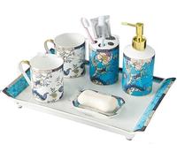 Ensembles d'accessoires de Salle de Bain Distributeur de Savon Tendance en céramique, Ensemble de Bouteilles à Pompe Manuelle, Bouteille en Plastique for Salle de Bain et Cuisine Décor Rustique(Blue)