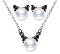 Ensembles de bijoux de chat en perles, Collier perle de chat pour femme en argent 925, Boucles d'oreilles perle de chat mignon, Cadeau de Noël et Anniversaire