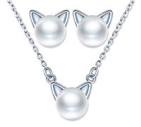 Ensembles de bijoux de chat en perles, Collier perle de chat pour femme en argent 925, Boucles d'oreilles perle de chat mignon, Cadeau de Noël et Anniversaire
