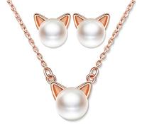 Ensembles de bijoux de chat en perles, Collier perle de chat pour femme en argent 925, Boucles d'oreilles perle de chat mignon, Cadeau de Noël et Anniversaire